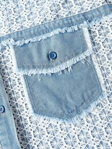 SHEIN MOD Áo sơ mi denim thường ngày hở vai, tay dài, cài một hàng khuy, có túi tiện dụng cho nữ - Màu xanh lam - Xem 3