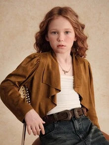 青少年女孩时尚休闲仿麂皮翻领泡泡长袖流苏下摆复古嘻哈开衫夹克 - 駝色 - 查看 5