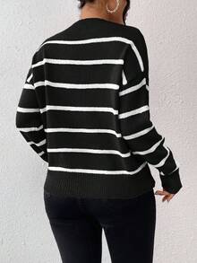 SHEIN Frenchy Black White V Neck Striped Pattern Drop Shoulder Sweater Autumn Winter Clothes For Women,Fall,Fall Clothes For Women