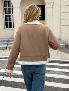 Serisse 女士时尚棕色短款保暖休闲冬季外套，百搭款式，女士冬季咖啡棕色绒面双面短款外套，棕色女式外套，女士拉链外套，棕色外套，女士外套 - 駝色 - 查看 2