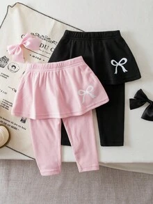 SHEIN 2pcs Baby Girls' Fashion Bow Print Leggings Set, Autumn/Winter Fall