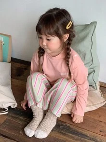 DAZY 2 件套幼儿女童圆领休闲短袖 T 恤和条纹宽松裤睡衣套装 - 淺粉色 - 查看 5