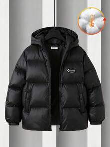 SHEIN Abrigo parka de invierno con capucha y cremallera de manga larga tejida, informal, para niños preadolescentes, adecuado para el trayecto, la escuela, uso casual, viajes, deportes, otoño/invierno