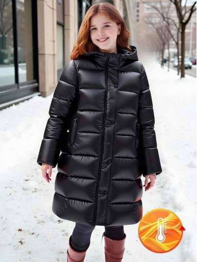 1pc Teen Girl Black Casual Outdoor Solid Color Thickened Hooded Long Jacket With Pockets, Autumn/Winter Fall