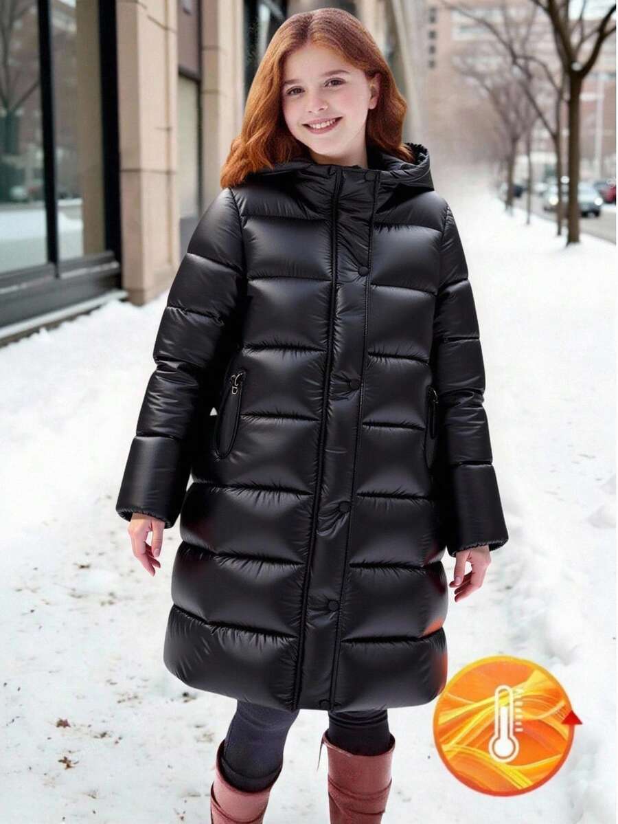 SHEIN 1pc Teen Girl Black Casual Outdoor Solid Color Thickened Hooded Long Jacket With Pockets, Autumn/Winter Fall - Black - View 1
