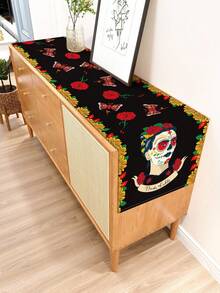 Frida Kahlo X SHEIN 1pc Thick Anti-Slip Frida Sunflower Printed Table Runner, Holiday Table Runner, Fits Various Table Lengths 90/160/183/200cm, Halloween Day Of Dead, Day Of The Dead, Day Of The Dead, Skeleton & Floral, Skeleton, Marigold, Sugar Skulls, Candle - Black - View 4
