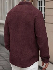 Manfinity Homme 时尚男士纯色酒红色长袖半透明衬衫，领口、常规下摆、纽扣前襟设计，酒红色衬衫，锈红色波西米亚休闲长袖衬衫，秋季 - 酒紅色 - 查看 2