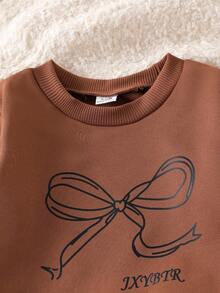 2 件套女婴休闲蝴蝶结印花长袖运动衫和针织打底裤套装，可爱又时尚，适合秋季 - 棕色 - 查看 5