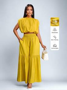 SOLERSUN Elegant Elastic Waist Yellow Slant Pockets Pleated Large Hem Extra Long Wide Leg Pants Fall Cloth For Women - Mustard Yellow - View 1