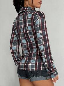 Jeanoix 女式简约长袖前开襟翻领蓝色格子印花衬衫，适合日常穿着 - 藍色 - 查看 4