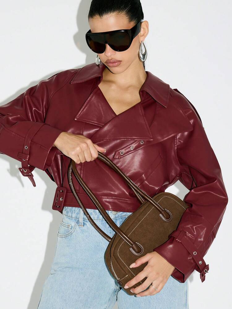 KIZN Half Moon Bowling Bag With Double Handle Suede Material