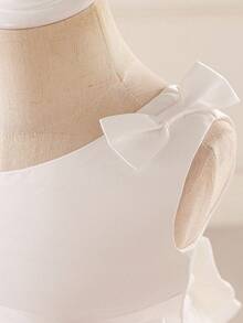 Glamorique Kids 女婴优雅可爱高贵单蝴蝶结腰身修身缎面网纱蓬蓬裙，秋冬派对礼服 - 白色 - 查看 8