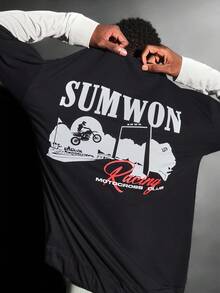 SUMWON 越野摩托车图案印花双层长袖 T 恤圆领赛车街头服饰摩托车俱乐部设计秋冬休闲装 - 黑色 - 查看 1