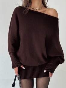 Aloruh Y2K Style Versatile Asymmetric Shoulder Long Sleeve Fitted Waist Bodycon Sweater Dress, Casual/Commute, Vintage American Aesthetic In Fall/Winter,Cozy Fall And Winter Clothes For Women,Fall,Fall Clothes For Women