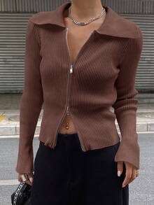 DAZY Women's Casual Solid Color Zip-Up Cardigan, Autumn