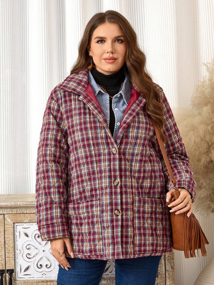 Plus Size Women Country Casual Wine Red Plaid Lapel Button Padded Coat, Winter,Going Out,2025 New,Simple And Fashionable For Everyday Wear, Winter, Christmas,New Year,Thickened Padded Coat