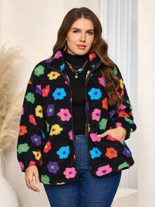 EMERY ROSE Plus Size Women  Casual Solid Color Zip-Up Floral Fleece Warm Coat With Pockets, , Going Out,  New , Simple And Fashionable For Everyday Wear,  For Women , New Year,Spring - Multicolor - View 6