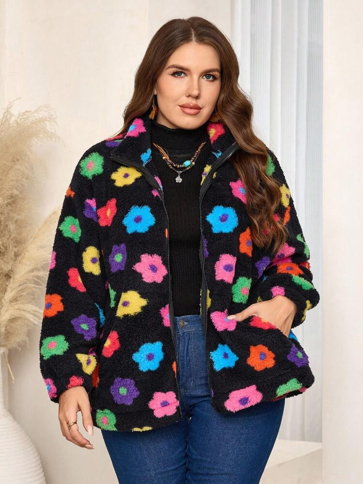 EMERY ROSE Plus Size Women  Casual Solid Color Zip-Up Floral Fleece Warm Coat With Pockets, , Going Out,  New , Simple And Fashionable For Everyday Wear,  For Women , New Year,Spring - Multicolor - View 6