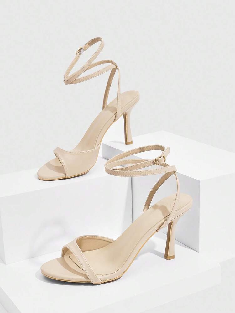 CUCCOO SZL 8.8cm Apricot PU Ankle Strap Fashionable Sexy Elegant French Style Party High Heel Round Toe Sandals