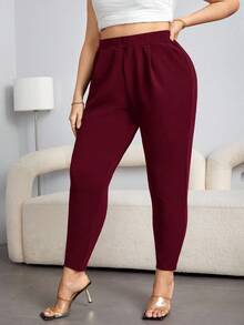 SHEIN Essnce Quần ống rộng cạp cao màu trơn thanh lịch cỡ lớn ôm vừa vặn - Đỏ - Xem 4