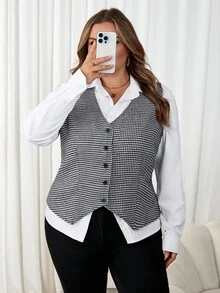 SHEIN CURVE+ 大码千鸟格无袖休闲衬衫 - 黑與白 - 查看 7