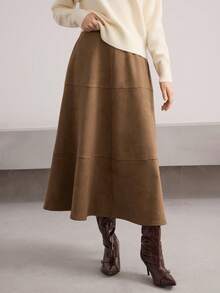 Heiryn French Retro Hazy Suede-Like High Waist Slimming A-Line Skirt - Brown - View 1