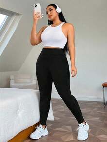 SHEIN PETITE CURVE Quần legging cạp rộng Plus Solid có túi đựng điện thoại - màu đen - Xem 2