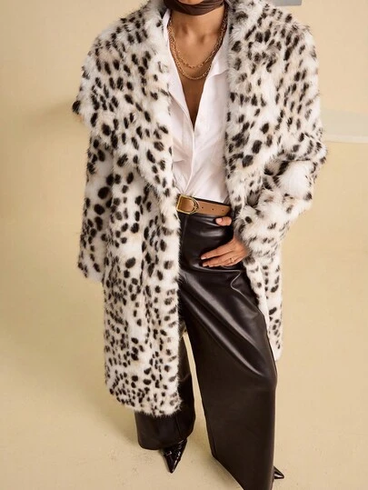 Lyxana Abrigo largo de mujer con cuello de piel sintética de estampado de leopardo