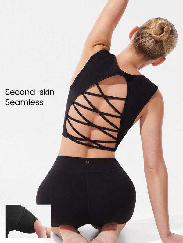 GLOWMODE Camiseta de punto corta con cuello cuadrado, copas desmontables, espalda abierta, efecto secado rápido y suave sin costuras, para entrenamiento, running, jogging y gimnasio de impacto medio