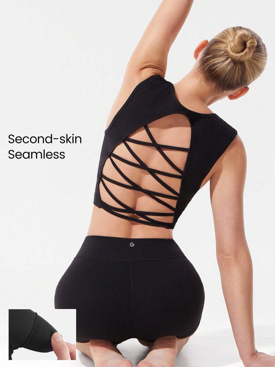 GLOWMODE Ultrafine Soft Seamless Crisscross Crush Sweat-Wicking Open Back Removable Cups Square Neck Cropped Knit Tank Medium Impact Running Jogging Training Gym Workout - Black - View 1