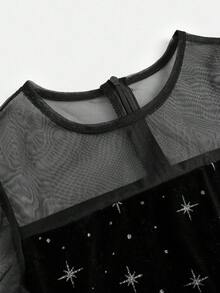 Pitira 少女闪亮银星印花丝绒黑色修身迷你连衣裙，拼接网纱泡泡袖长袖，秋冬连衣裙，派对礼服，太阳裙摆连衣裙，华丽 - 黑色 - 查看 5