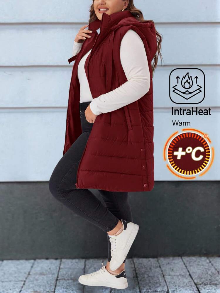 Plus Size Plain Hooded Padded Vest Jacket With Pockets/Winter