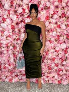 SHEIN SXY 大码女式情人节网眼撞色紧身单肩连衣裙，适合日常穿着、约会之夜、生日、单身派对装、派对、舞会、情侣约会、优雅、休闲、购物、街头穿着、户外、性感、易于搭配且看起来苗条，凸显您的身材，修饰您的身材 - 彩色 - 查看 5