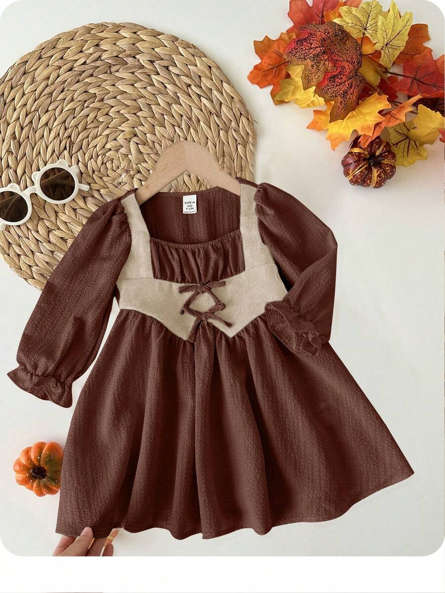 SHEIN Baby Mädchen süßes Farbblock Langarm Kleid, Sommer Urlaubsoutfit