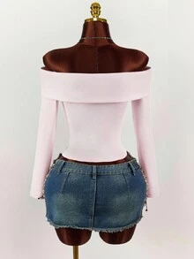 Amplova 女士粉色针织露肩修身T恤 - 粉色 - 查看 2