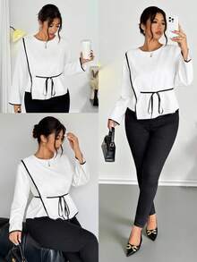 Firerie Plus Size Contrast Color Trim Round Neck Long Sleeve Tie Front Casual Fashion Shirt - White - View 1