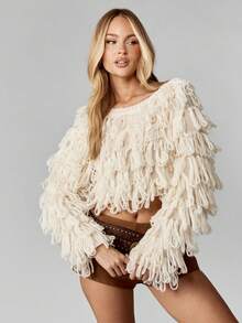 MISSGUIDED Luxury Loop Knit Cropped Sweater Fall Winter Chunky Fringe Boho Oversized Drop Shoulder Long Sleeve Cozy Pullover