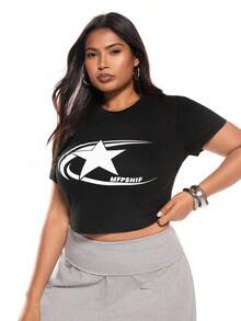 Solavibe 休闲星星和文字印花圆领短袖修身大码女式 T 恤，适合夏季 - 黑色 - 查看 4