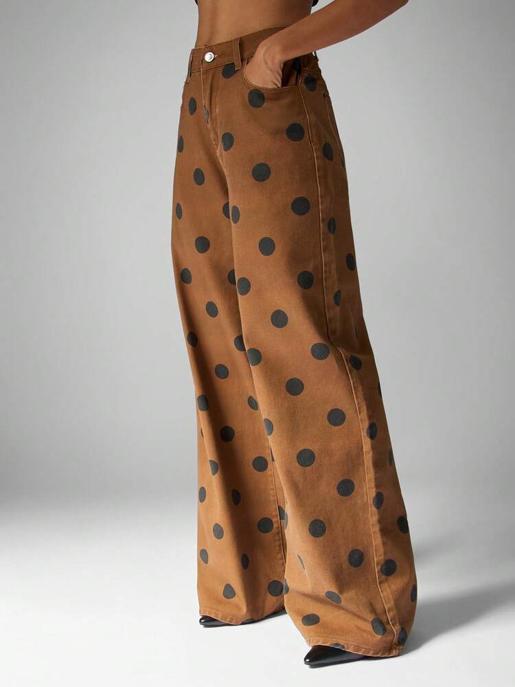 MISSGUIDED Cotton Wide Leg Polka Dot Jeans High Waisted Retro Style Palazzo Pants Casual Statement Bottom Autumn Winter Fashion Y2K Print Design