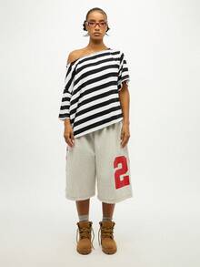 SUMWON WOMEN Off Shoulder Striped Top Oversized Casual Loose Fit Statement Sleeve Side Twist Detail Crop Design Street Style Everyday Wear - Black and White - View 5