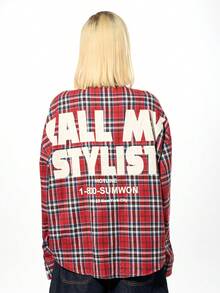 SUMWON WOMEN Cotton Oversized Plaid Check Long Sleeve Button Down Shirt With Call My Stylist Print Fall Winter Streetwear Holiday Collection - Red - View 4