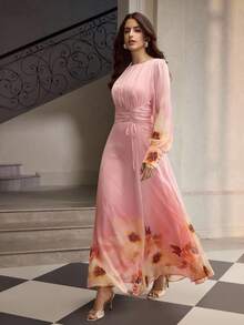 ZEYLAH Printed Long Pleated Waist Cinched Autumn/Winter Dress - Multicolor - View 5
