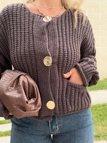 Jeta Ari Women's Solid Color Front Button Long Sleeve Casual Blouse,Knitted Sweater - Coffee Brown - View 3