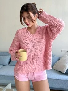 DAZY Women's Loose Casual Solid Color Pink Pullover Sweater, Simple Fashion Basic Knit Top For Autumn/Winter