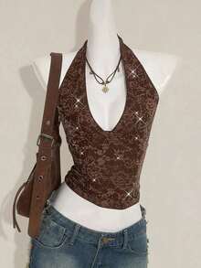 SHEIN ICON Camisola feminina de renda com decote em V e miçangas, minimalista básica para férias - Multicolorido - Ver 1