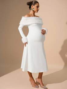 MaterniChic Elegantes Umstandskleid Einfarbig mit Schulterausschnitt und Langarm für schwangere Frauen - Weiss - Übersicht 8