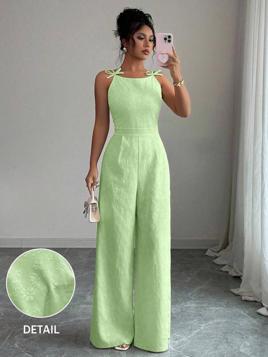 Elenzga Combinaison ample à jambes larges avec taille cintrée en tissu jacquard avec nœud papillon et marguerite, élégante pour les femmes, convient pour les déplacements quotidiens - Vert - Voir 1