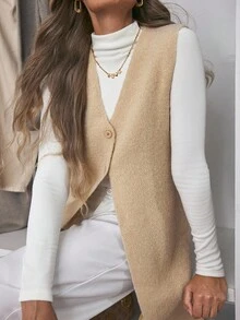 Louniche Women's Elegant Texture, High-End Simple Open-Front Vest, Long Woolen Coat - Apricot - View 1