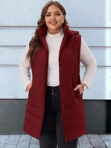 EMERY ROSE Chaleco acolchado con capucha y bolsillos, talla grande, liso - Rojo - Ver 4