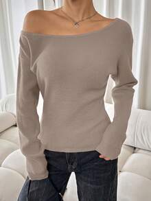 SHEIN SXY Women's Solid Asymmetrical Neckline Casual Long Sleeve Red Sweater Casual Party Elegant Home Sexy Autumn Winter Leisure Christmas Halloween New Year Asymmetrical Top Boat Neck Top Off Shoulder Sweater,Fall Off The Shoulder Long Sleeve,Cozy Fall And Winter Clothes For Women